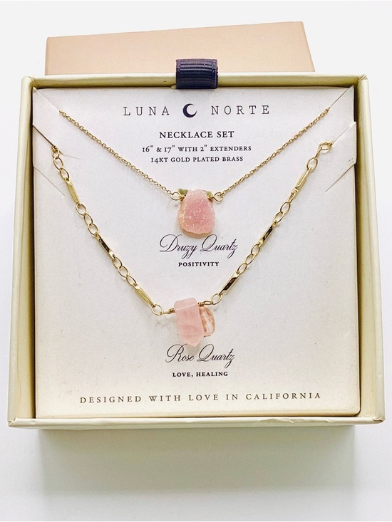 Luna Norte Jewelry - Luna Norte Pink Rose & Druzy Quartz Gold-Plated Necklace Set